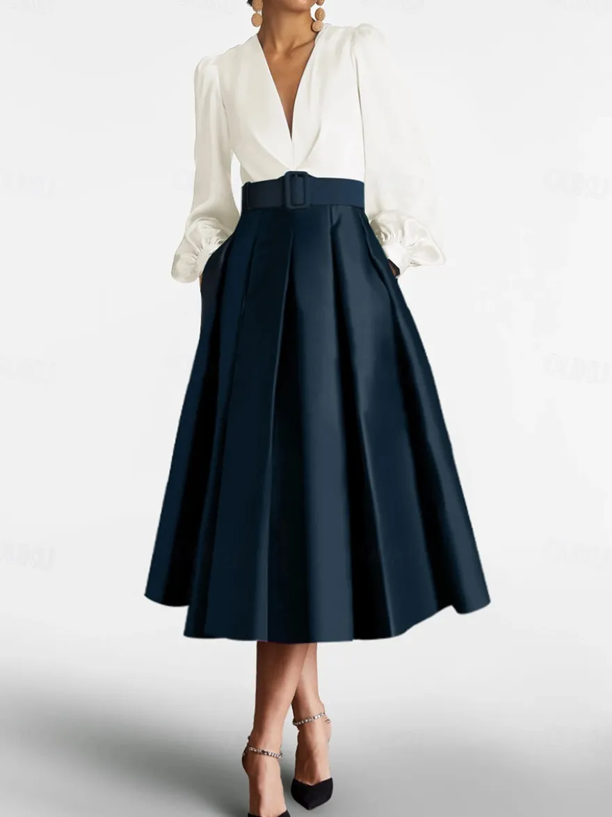 Robe de bal robe de soirée col en V satin manches longues ceinture robe de concours