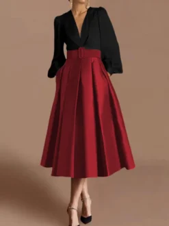Robe de bal robe de soirée col en V satin manches longues ceinture robe de concours