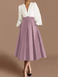Robe de bal robe de soirée col en V satin manches longues ceinture robe de concours