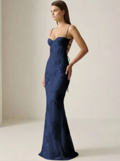 Robe de bal sirène à col cœur sans manches lacée ornée de fleurs en dentelle robe de soirée formelle