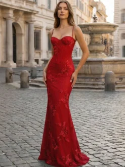 Robe de bal sirène à col cœur sans manches lacée ornée de fleurs en dentelle robe de soirée formelle