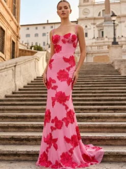 Robe de bal sirène à col cœur sans manches lacée ornée de fleurs en dentelle robe de soirée formelle