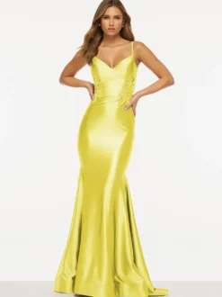 Robe de bal sirène col en V sans manches dos nu dentelle tissu satiné robes de soirée sociales