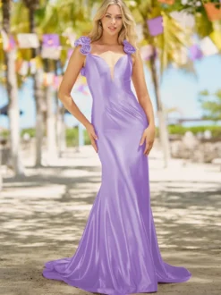 Robe de bal sirène col en v traîne Court sans manches dos nu fleurs soie élastique comme du Satin robes de dîner formelles