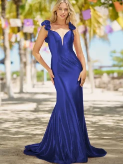 Robe de bal sirène col en v traîne Court sans manches dos nu fleurs soie élastique comme du Satin robes de dîner formelles