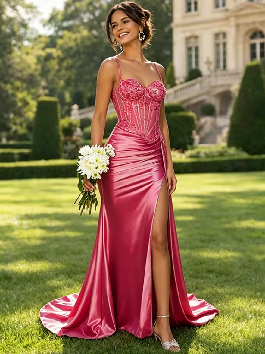 Robe de bal sirène en satin vert olive bretelles spaghetti corset transparent orné de perles fente haute longue robe de soirée