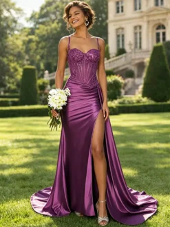 Robe de bal sirène en satin vert olive bretelles spaghetti corset transparent orné de perles fente haute longue robe de soirée