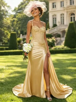 Robe de bal sirène en satin vert olive bretelles spaghetti corset transparent orné de perles fente haute longue robe de soirée