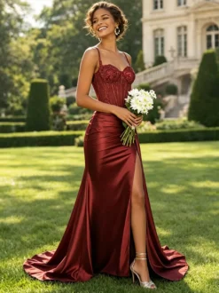 Robe de bal sirène en satin vert olive bretelles spaghetti corset transparent orné de perles fente haute longue robe de soirée