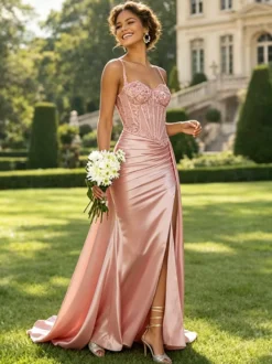 Robe de bal sirène en satin vert olive bretelles spaghetti corset transparent orné de perles fente haute longue robe de soirée