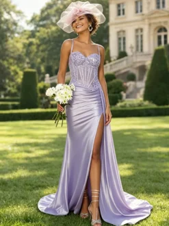 Robe de bal sirène en satin vert olive bretelles spaghetti corset transparent orné de perles fente haute longue robe de soirée