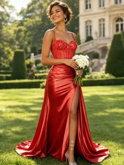 Robe de bal sirène en satin vert olive bretelles spaghetti corset transparent orné de perles fente haute longue robe de soirée