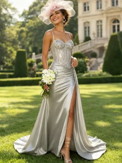 Robe de bal sirène en satin vert olive bretelles spaghetti corset transparent orné de perles fente haute longue robe de soirée