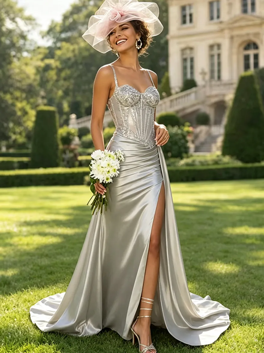 Robe de bal sirène en satin vert olive bretelles spaghetti corset transparent orné de perles fente haute longue robe de soirée