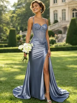 Robe de bal sirène en satin vert olive bretelles spaghetti corset transparent orné de perles fente haute longue robe de soirée