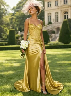 Robe de bal sirène en satin vert olive bretelles spaghetti corset transparent orné de perles fente haute longue robe de soirée