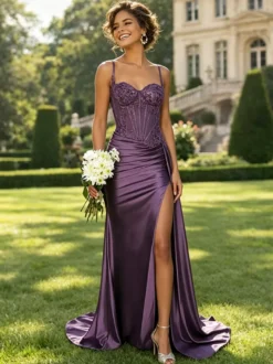 Robe de bal sirène en satin vert olive bretelles spaghetti corset transparent orné de perles fente haute longue robe de soirée