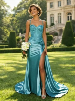 Robe de bal sirène en satin vert olive bretelles spaghetti corset transparent orné de perles fente haute longue robe de soirée