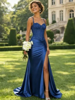 Robe de bal sirène en satin vert olive bretelles spaghetti corset transparent orné de perles fente haute longue robe de soirée