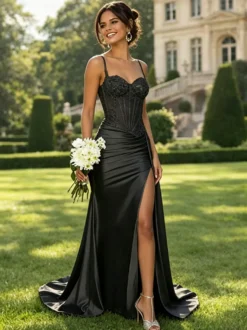 Robe de bal sirène en satin vert olive bretelles spaghetti corset transparent orné de perles fente haute longue robe de soirée