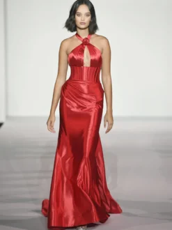Robe de bal sirène licou élastique en soie comme Satin balayage fleurs robes de soirée sociales