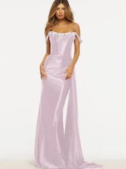 Robe de bal sirène sans bretelles balayage sans manches fermeture éclair tissu satiné robes de dîner formelles