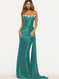 Robe de bal sirène sans bretelles balayage sans manches fermeture éclair tissu satiné robes de dîner formelles