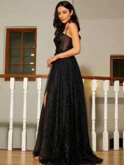 Robe de bal trapèze col en cœur dentelle sans manches fendue sur le devant robes de soirée
