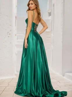 Robe de bal trapèze col en V tissu satiné balayage fendu sur le devant robes de soirée sociale