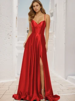 Robe de bal trapèze col en V tissu satiné balayage fendu sur le devant robes de soirée sociale