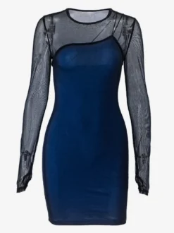 Robe de club bleue à bretelles et manches longues en polyester à plusieurs niveaux