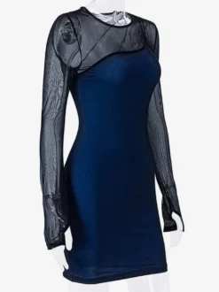 Robe de club bleue à bretelles et manches longues en polyester à plusieurs niveaux