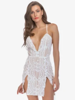 Robe De Club Courte Fendue Femmes Bretelles Col Chic Paillettes En Polyester Sexy