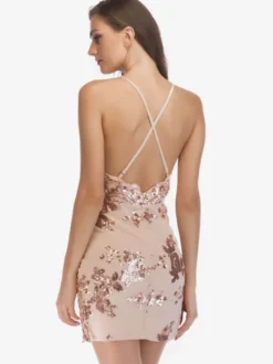 Robe De Club Courte Fendue Femmes Bretelles Col Chic Paillettes En Polyester Sexy