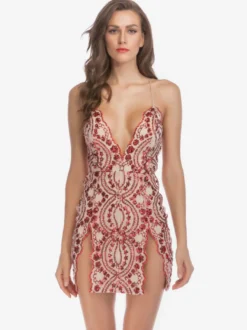 Robe De Club Courte Fendue Femmes Bretelles Col Chic Paillettes En Polyester Sexy
