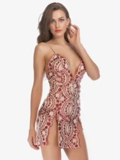 Robe De Club Courte Fendue Femmes Bretelles Col Chic Paillettes En Polyester Sexy