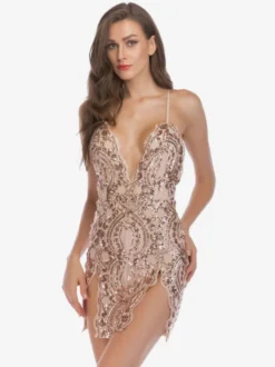 Robe De Club Courte Fendue Femmes Bretelles Col Chic Paillettes En Polyester Sexy