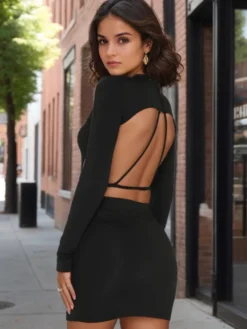 Robe De Club Pour Femme Noire Lacet Manches Longues Robe Moulante Dos Nu Sexy