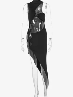 Robe de club pour femmes noir découpé sans manches robe sexy en polyester
