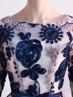 Robe de cocktail col bateau demi-manche bleu marine foncé longueur au genou Robe de soirée