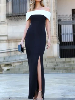 Robe de cocktail hors des épaules en crêpe élastique jupe fendue