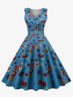 Robe de cocktail vintage années 50 col en V sans manches imprimé floral coupe trapèze taille haute sans manches.