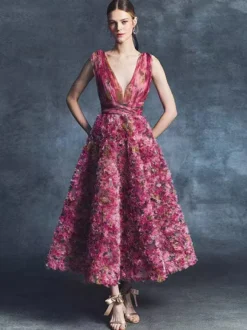 Robe de cocktail vintage robe de bal glamour longueur thé col en V fleurs