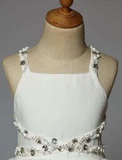 Robe de cortège enfant robe cérémonie fille asymétrique blanche à bretelle décoré des perles