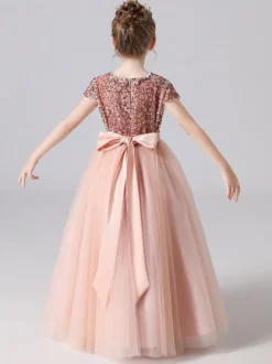 Robe de cortège enfant robe fille cérémonie rose paillete col rond manche courte au sol jupe en tulle noeud sur dos
