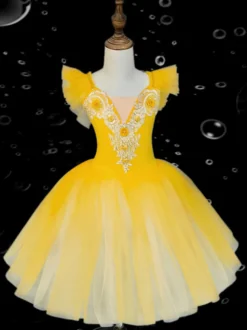 Robe de danse de ballet pour enfants jupe de ballet à volants brodés et dos nu pour spectacle de danse pour enfants
