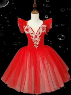 Robe de danse de ballet pour enfants jupe de ballet à volants brodés et dos nu pour spectacle de danse pour enfants