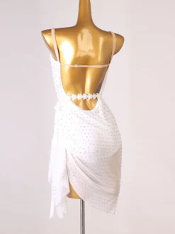 Robe de danse latine blanche pour femme dos nu ornée de strass coupe moulante en polyester