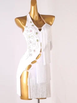 Robe de danse latine Robe de polyester Femme Blanc Sexy Sexy Fringe Strass Strass Dancer latine Dancant Porter