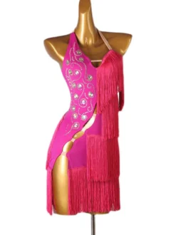Robe de danse latine Robe de polyester Femme Blanc Sexy Sexy Fringe Strass Strass Dancer latine Dancant Porter